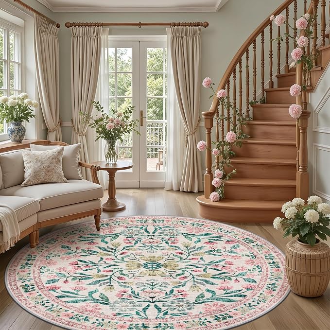 Round Area Rug for Living Room: 8 ft Floral Washable Circle Rug Soft Boho - Image 5