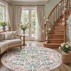 Round Area Rug for Living Room: 8 ft Floral Washable Circle Rug Soft Boho - Image 5