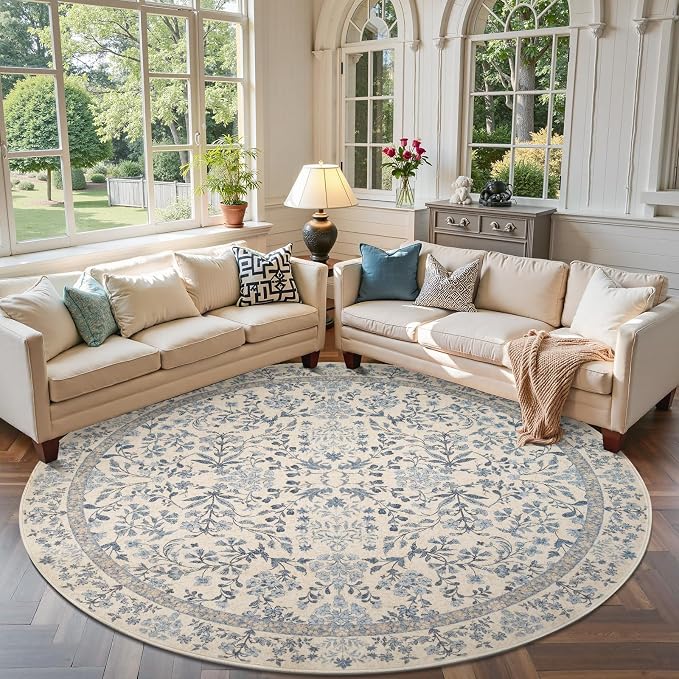 jinchan Zenith Round Rug 8ft Area Rug Soft 8'Round Vintage Floral Rug Non-Slip - Image 2
