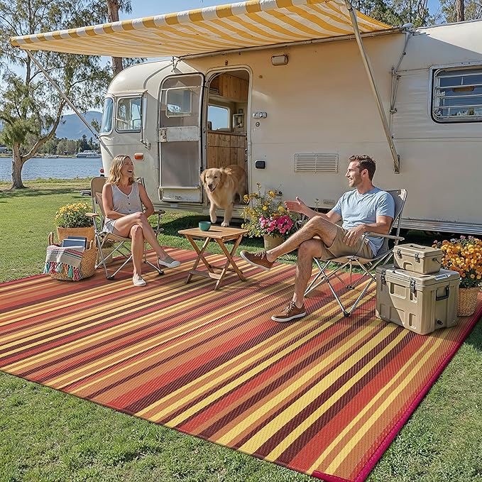 Outdoor Plastic Straw Rug Waterproof Patio 8x10 Red Orange Stripe Mat - Image 2