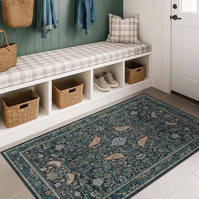 Traditional Washable Entryway Rugs, 3x4 Blue and Green Floral Kitchen Mat - Image 3
