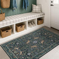 Vintage Large Entryway Rugs Indoor, 3x5 Washable Blue and Green Floral Rugs by HazoHaus