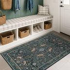 Vintage Large Entryway Rugs Indoor, 3x5 Washable Blue and Green Floral Rugs by HazoHaus