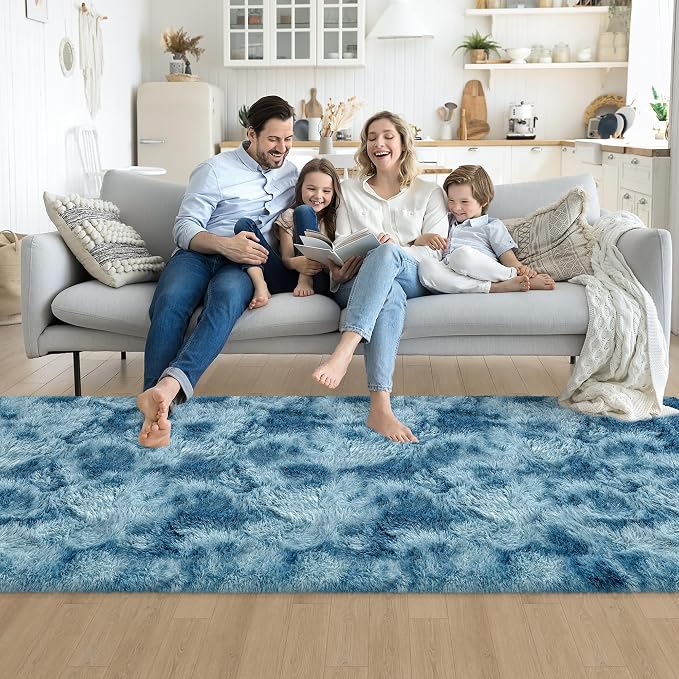 3x10ft Plush High Pile Blue Tie-Dyed Rug Fluffy Soft Runner Bedside Rug - Image 4