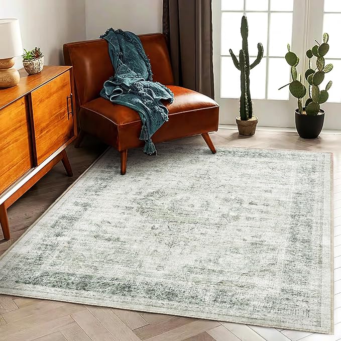 CHAMPLANT Washable Area Rug 4'x6' Floral Green Vintage Traditional Floor Cover - Image 2