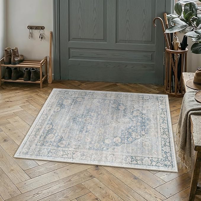 2x3 Washable Neutral Area Rug Blue Vintage Entryway Kitchen Carpet Non-Slip - Image 3