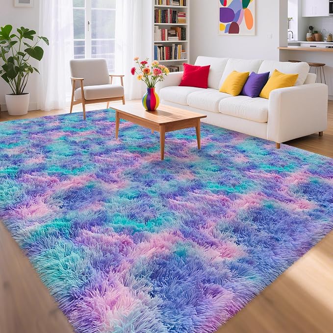 Purple Rainbow Fluffy Soft Area Rug 8x10 ft Plush Furry Rugs - Image 2