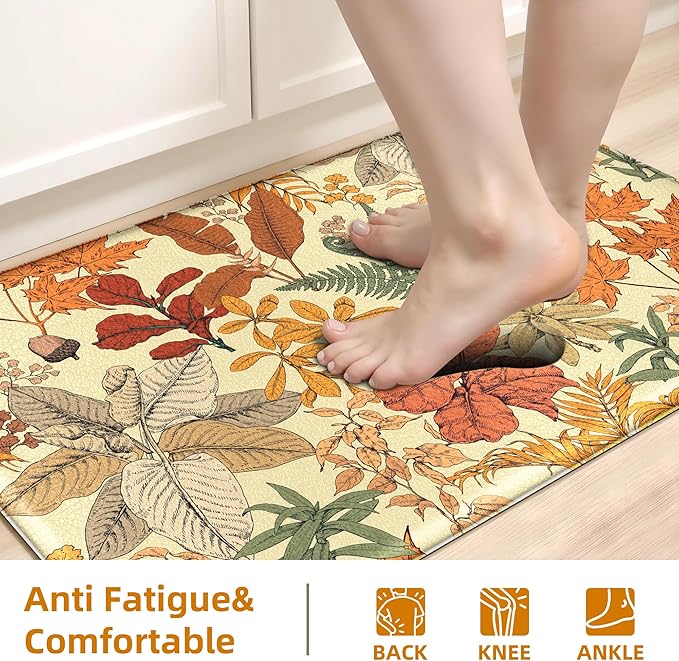 Orange Brown Botanical Kitchen Rugs Set of 2 Fall Maple Anti-Fatigue Kitchen - Image 5