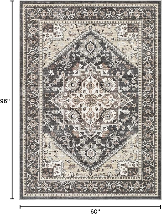 5x8 Vintage Area Rug: Washable Neutral Soft Non Slip Thin Large Floor Carpet - Image 2