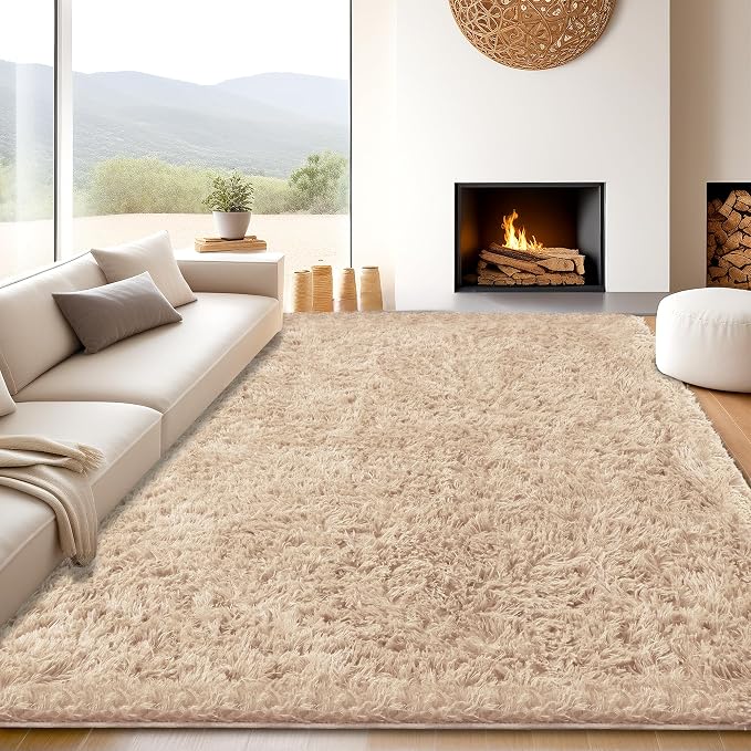 8x10 Beige Shag Area Rugs for Living Room, Large Fluffy Shaggy Rug for Bedroom - Image 2