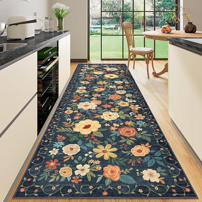 DUKINO 3x10 Runner Rug for Hallway, Washable Kitchen Floral Runner Rug by DUKINO