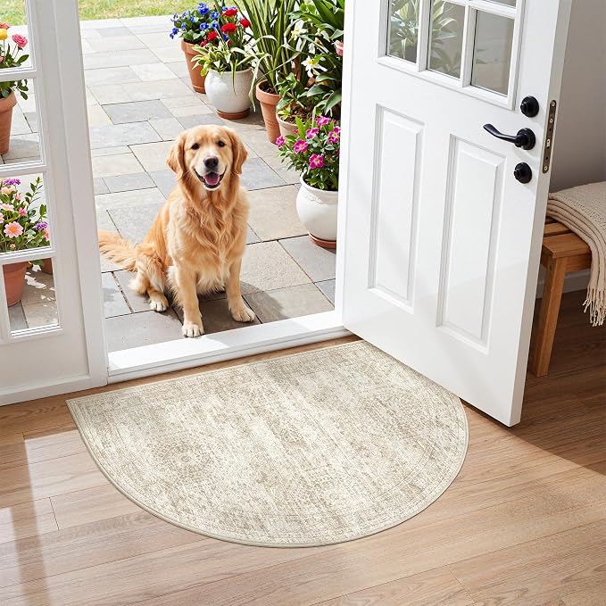 Soalmost Washable Half Circle Round Rug 2x3 Beige, Small Half Moon Rug Entryway by Soalmost