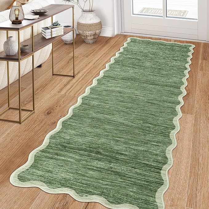 GarveeHome Scalloped Washable Runner Rug 2x6 Runner Abstract Modern Green - Image 3