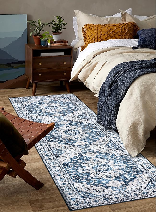 Moynesa Blue Vintage Floral Medallion Runner Rug, Machine Washable, Pet Friendly - Image 5