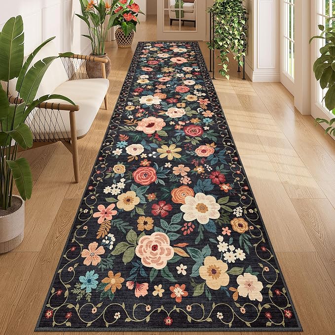 DUKINO 3x12 Washable Runner Rug, Non Slip Soft Floral Hallway Runner Rug by DUKINO