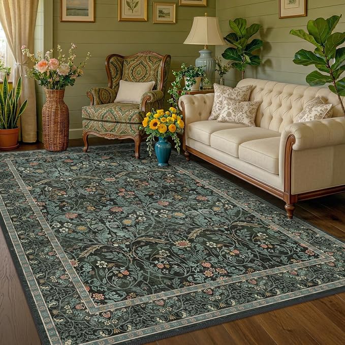 Dark Green 5x8 Dining Room Rug, Floral Washable Soft Non Slip Area Rugs by Evyhood