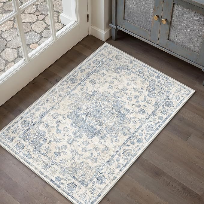 Neutral Kitchen Rug Set of 3 Washable Blue Vintage Kitchen Mats - Image 2