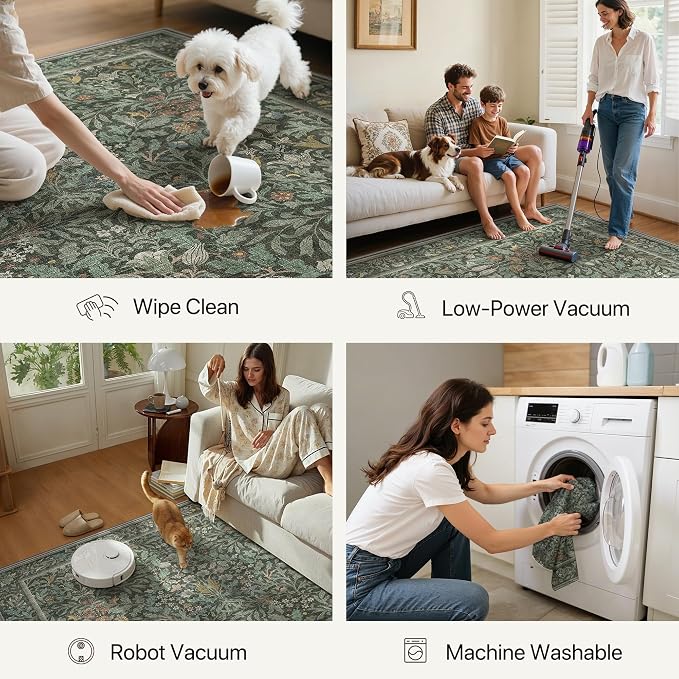GENIMO 10x14 Washable Area Rug, Non-Slip Vintage Boho Floral Carpet, Large Area - Image 5
