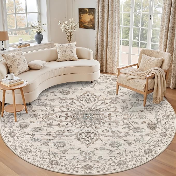 Round Area Rug for Living Room: 8 ft Washable Vintage Boho Soft Thin Circle Rug by EXPEDIX