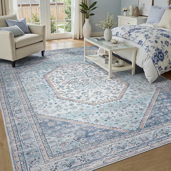 DCX Blue 5x7 Rug, Machine Washable Stain Resistant Kid & Pet Friendly by DCXWashableRug