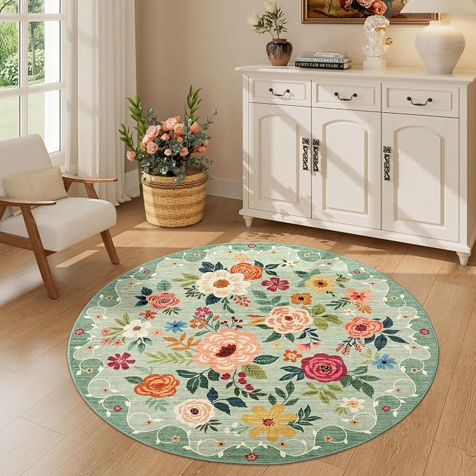 DUKINO Floral Round Rug, 4ft Washable Round Area Rug, Non Slip Indoor Low Pile by DUKINO