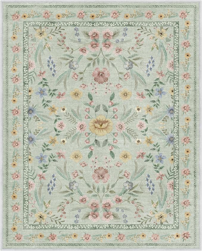 Green Washable Floral Rugs 7x9 Large Vintage Boho Non-Slip Living Room Carpet - Image 7