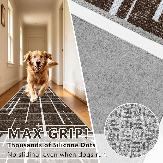 Non Slip Hallway Runner Rug 2x8, Modern Distressed Stripe, Washable Long Rug - Image 5