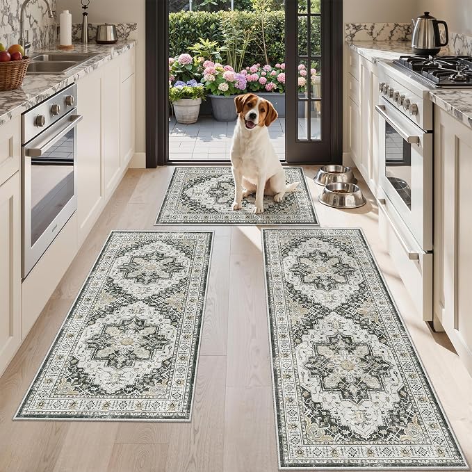 Madane Washable Kitchen Rug Set of 3, Small Area Rug Non-Slip Vintage Entryway by Madane