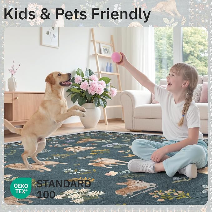 Soalmost Dog 9x12 Area Rugs for Living Room, Machine Washable Animal Floral - Image 5