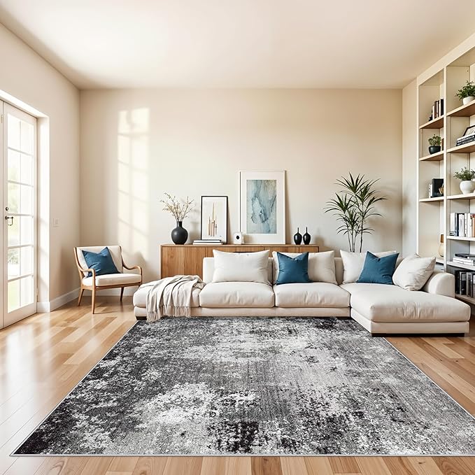 8x8 Square Living Room Area Rug – Washable Modern Neutral Abstract Indoor Rug by BYYVOORugsforYourHome