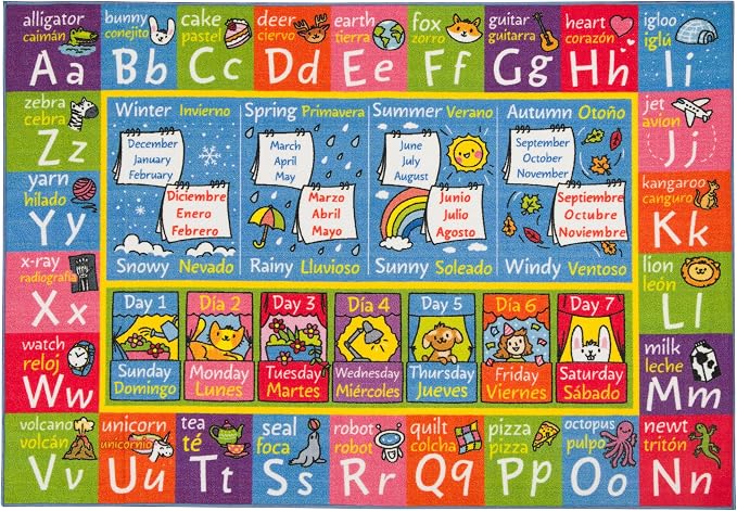 KC Cubs Bilingual Educational Kids Rug – English & Spanish ABC, Seasons & Days by KCCubsKidsHomeandFurnishing