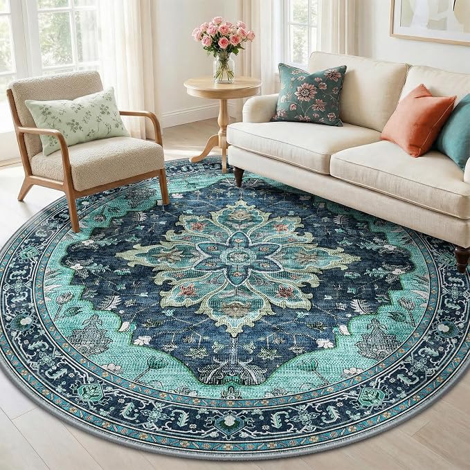 RELEANY Area Rugs Round 6ft Washable Non-Slip, Floral Vintage Distress by RELEANY