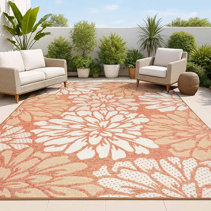 JONATHAN Y Floral Textured Weave Indoor Outdoor Area Rug 4X6 Orange/Cream by JONATHANY