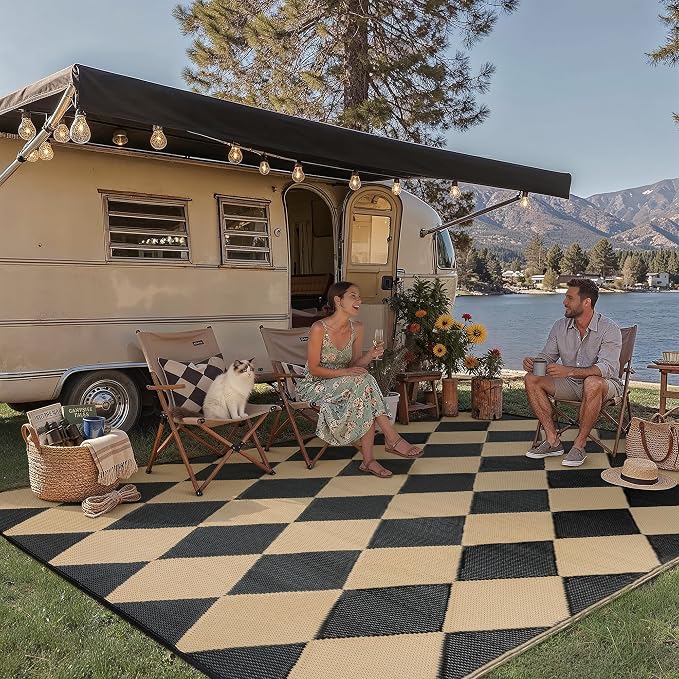 Outdoor Plastic Checkered Rug Waterproof Patio 9x12 Black Brown Diamond - Image 2