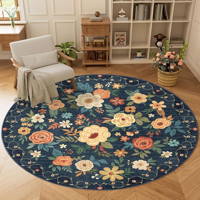 DUKINO Floral Round Rug, 6ft Washable Circle Rug, Non Slip Indoor Low Pile - Image 3