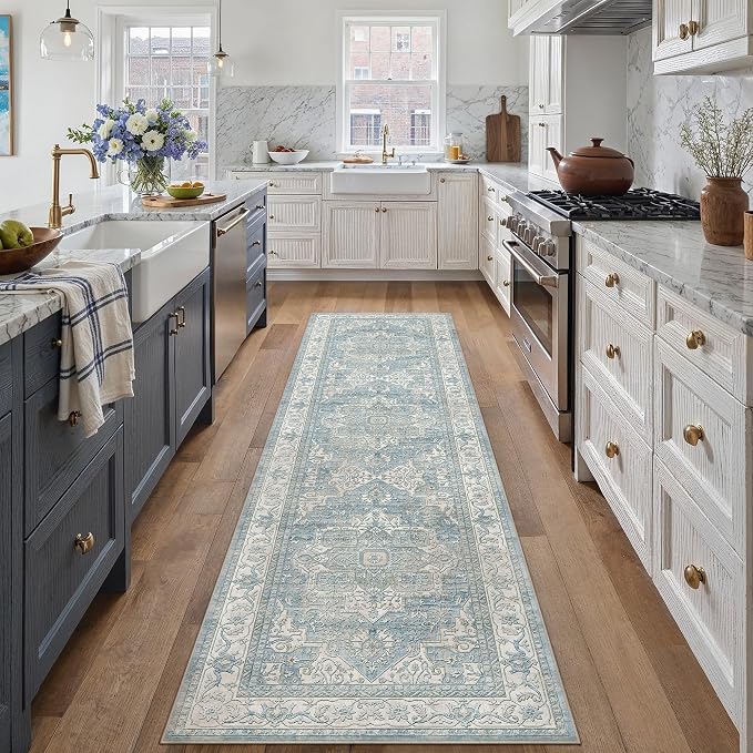 2x8 Washable Vintage Runner Rug Blue Oriental Hallway Kitchen Throw Rug Neutral by WondRg