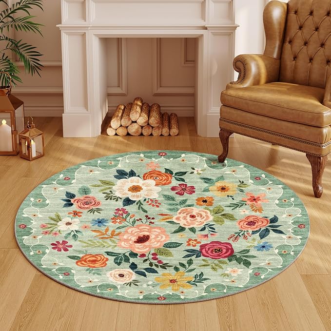 DUKINO Floral Round Rug, 4ft Washable Round Area Rug, Non Slip Indoor Low Pile - Image 8