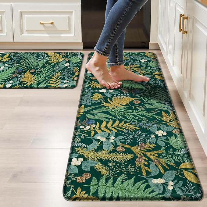 Dark Green Botanical Kitchen Rugs Set of 2 Plant Leaf Anti-Fatigue Kitchen Mat by Keensoft