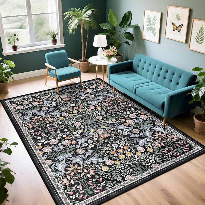 Area Rug Living Room Rugs: Floral 4x6 Washable Rug Vintage Soft Boho Non-Slip by PLHXFRSoftAreaRugs
