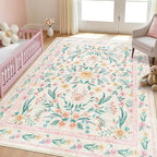 5x7 Pink Floral Nursery Rug, Machine Washable Non Slip Soft Faux Wool Carpet by Dadasgk