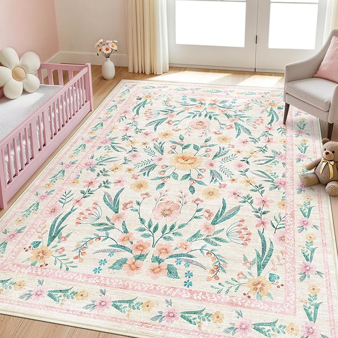 5x7 Pink Floral Nursery Rug, Machine Washable Non Slip Soft Faux Wool Carpet by Dadasgk