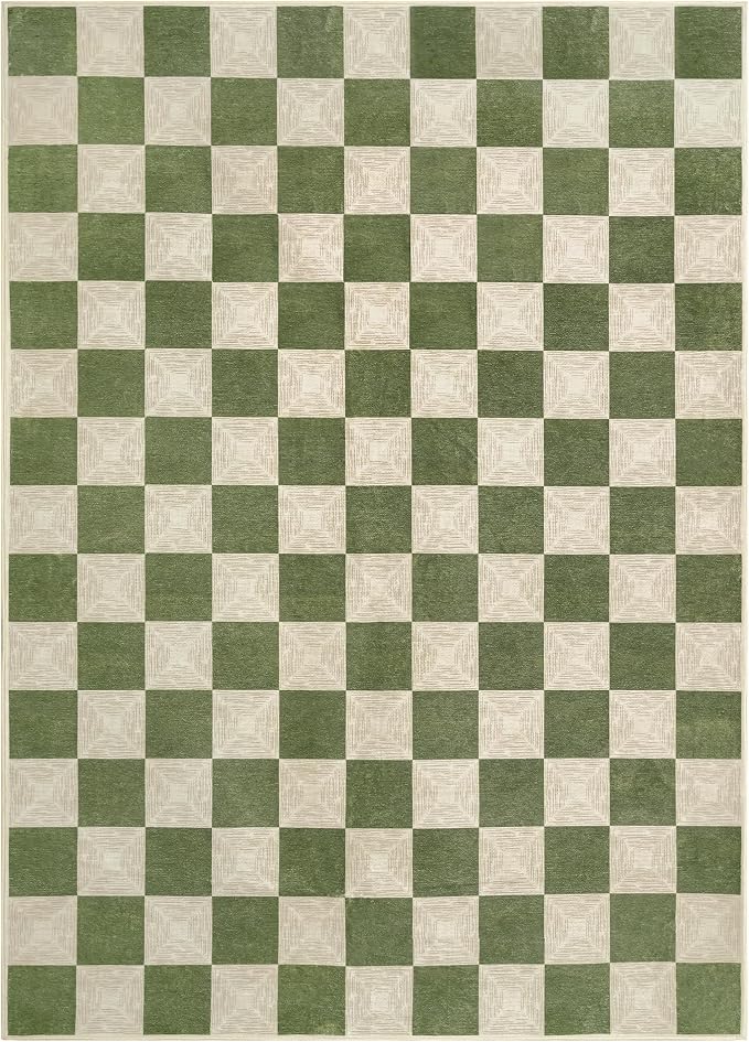 Washable Green Checkered Rug 5x7, Non-Slip Low Pile Area Rug - Image 10