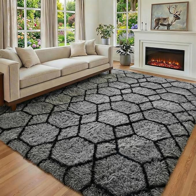 ONASAR 6x9 Area Rugs for Living Room Bedroom, Large Fluffy Grey and Black Throw - Image 5