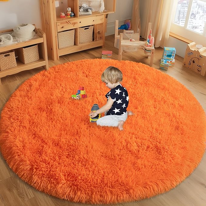 Round Orange Rug for Bedroom, 6 ft Circle Area Rugs for Living Room, Soft by WISHTREE