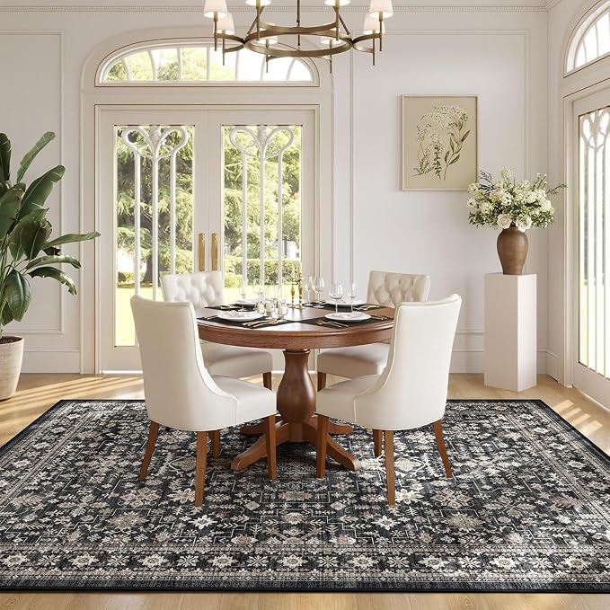 Washable 4x6 Entryway Rug Dark Grey, Non-Slip Low Pile Geometric Area Rug - Image 3