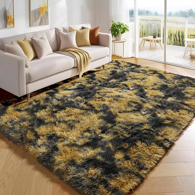 PAGISOFE 4x6 Black and Yellow Bedroom Rugs, Fluffy Modern Living Room Area Rug by PAGISOFE