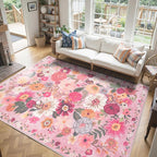 Floral Washable 6x9 Area Rug Pink, Soft Bedroom Rug by WelcometoBabovid