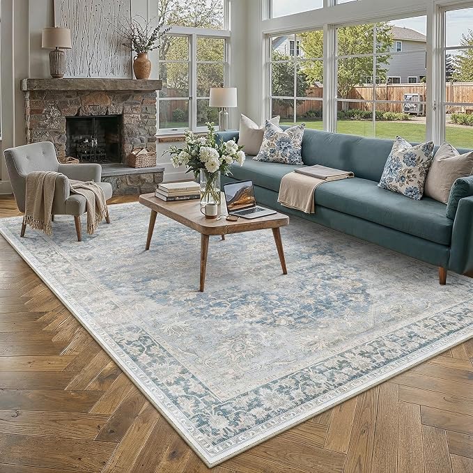 8x10 Washable Neutral Area Rug Blue Vintage Living Room Bedroom Carpet Non-Slip - Image 4