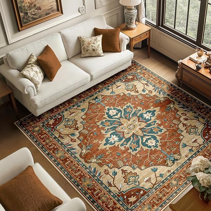 RELEANY Area Rugs Square 6ft Washable Non-Slip, Floral Vintage Distress by RELEANY