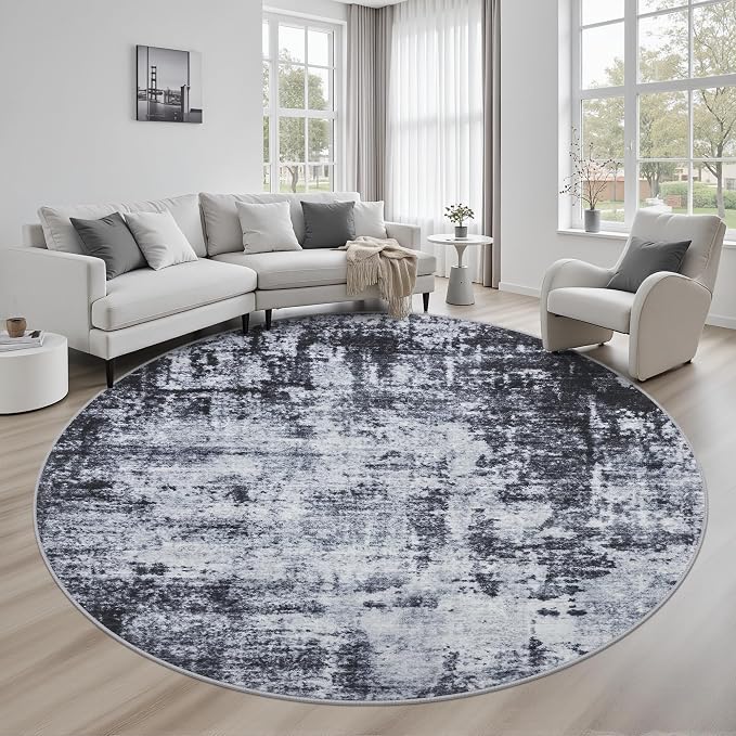 Round Area Rug for Living Room: 8 ft Washable Modern Abstract Soft Thin Rug by FXRHLP